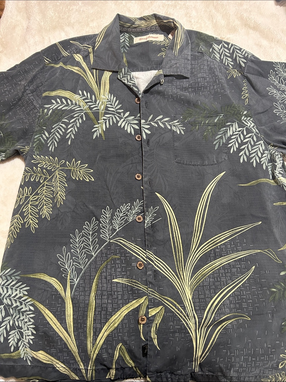Tommy Bahama Black Short-Sleeve Button-Down with Green Botanical Print